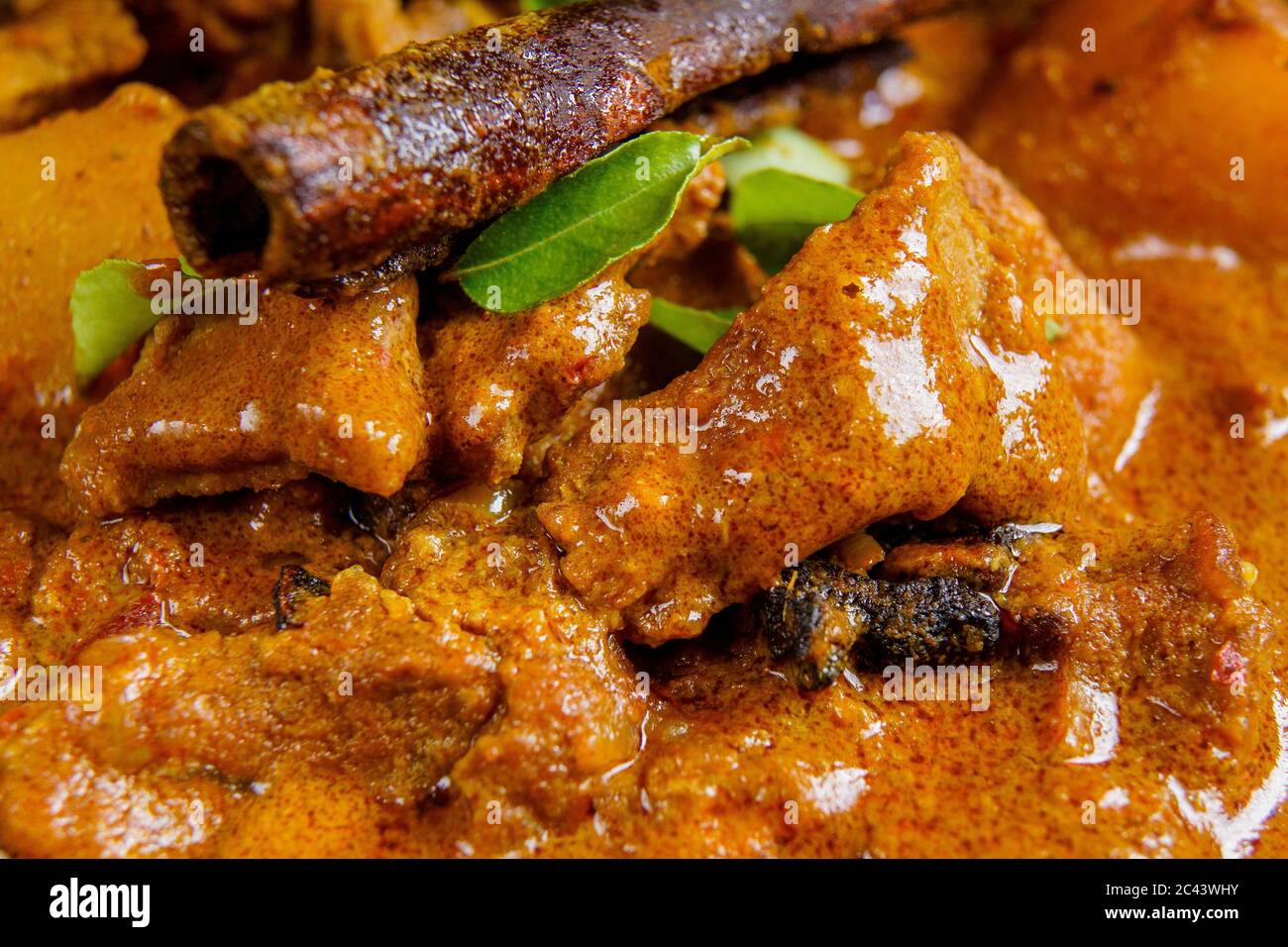 Lammfleisch in dickem Curry mit Kartoffeln und Gewürzen gekocht und mit Curryblättern garniert. Stockfoto