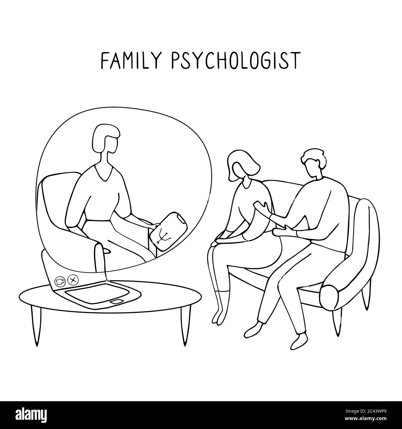 Familienpsychologe. Online-Beratung für Paare. Patienten bei psychologischer Beratung. Lineare Doodle-Illustration. Stock Vektor