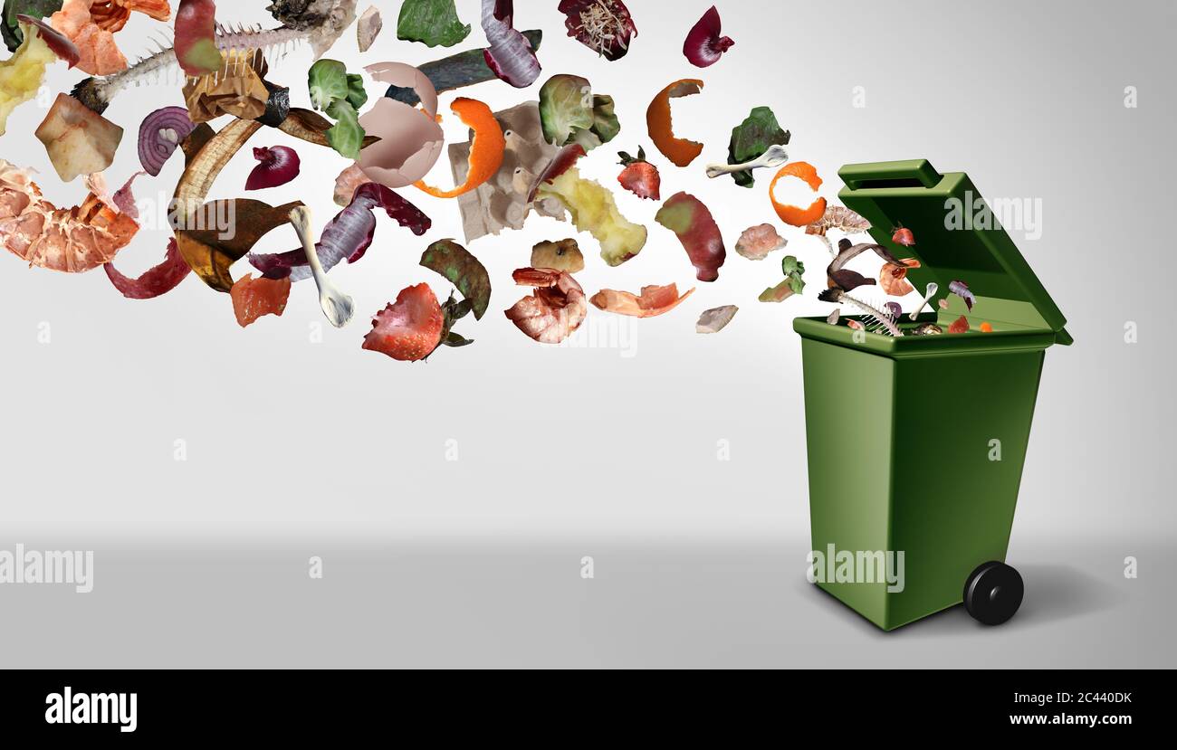 Organische Kompost Abfälle und kompostiert Lebensmittel und Kompostierung Stapel von verrottet Küchenabfälle mit Obst und Gemüse Müll fallen in einen grünen Papierkorb. Stockfoto