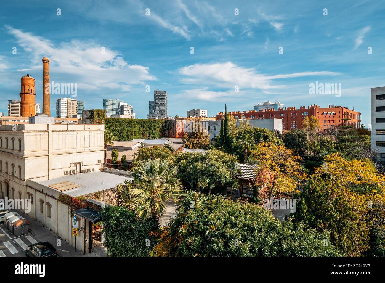 Ein Blick auf die Gegend von Poblenou, alten Industriegebiet in neue moderne Nachbarschaft in der Küstenzone von Barcelona umgewandelt Stockfoto