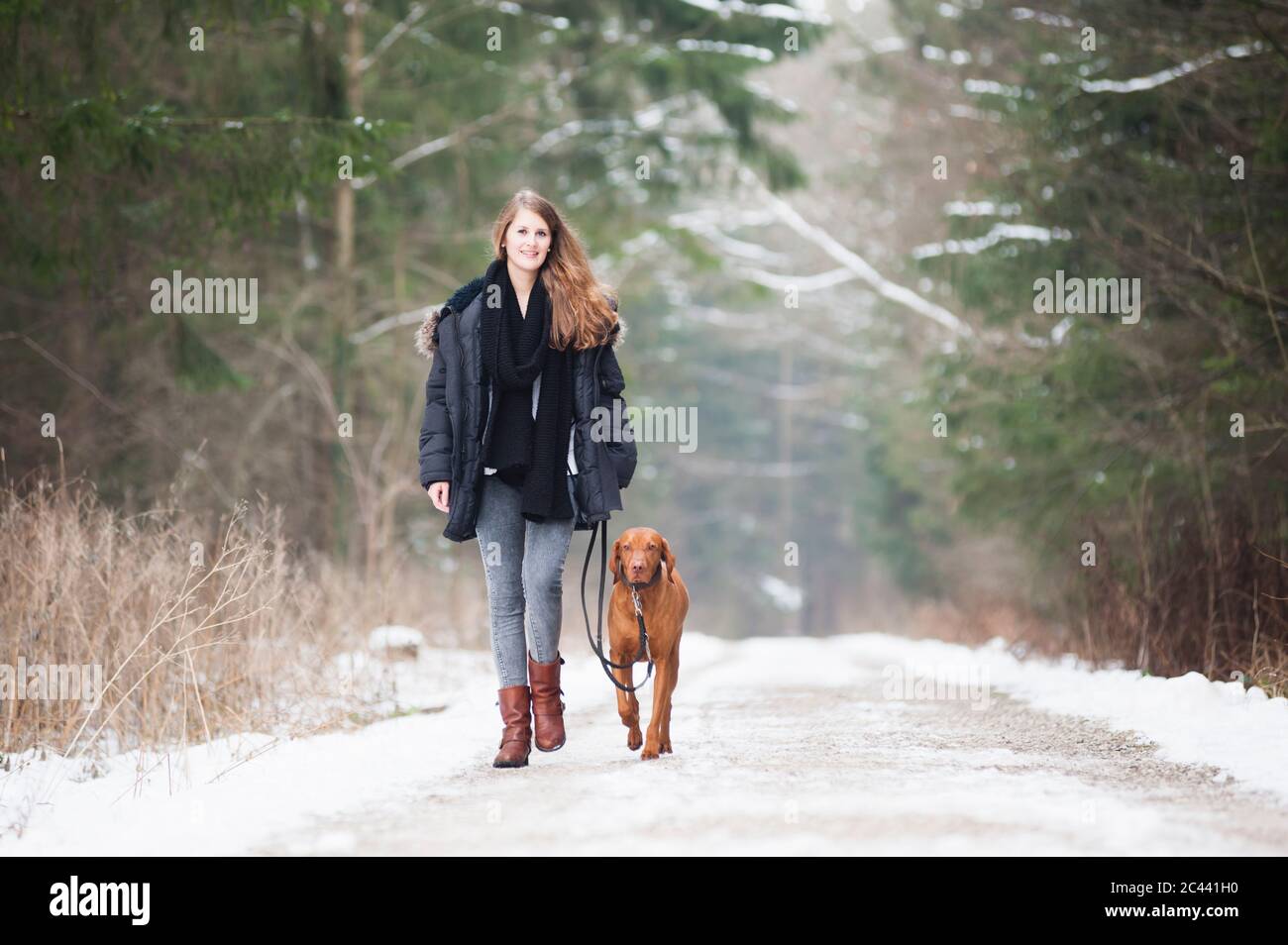 Schöne junge Frau, die im Winter mit Hund auf der Straße zwischen Bäumen im Wald spazieren geht Stockfoto