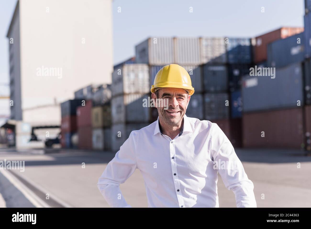 Portrait eines lächelnden Geschäftsmannes mit Schutzhelm vor Frachtcontainern Stockfoto