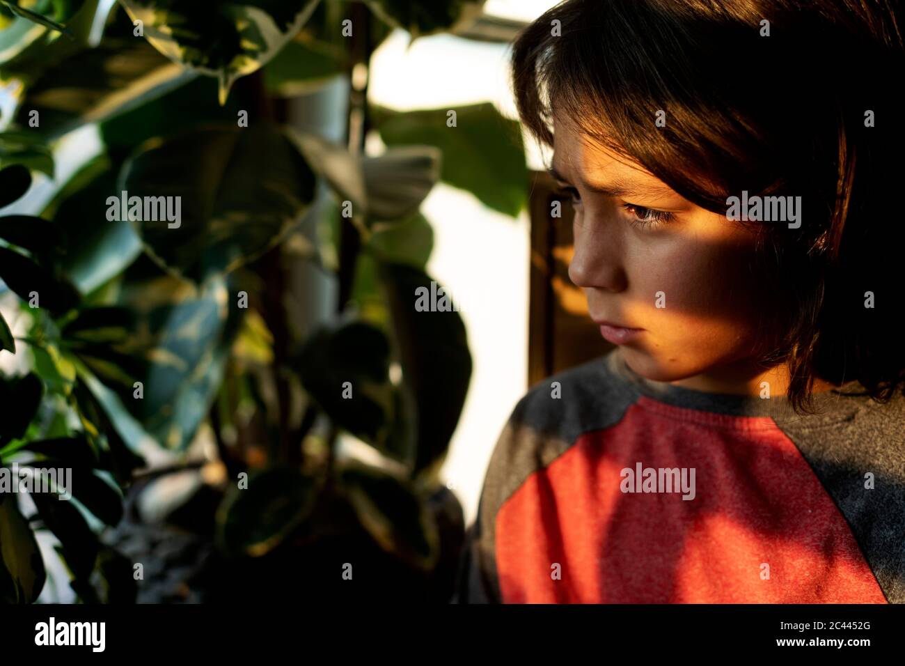 Porträt eines nachdenklichen Jungen zu Hause, der abends aus dem Fenster schaut Stockfoto