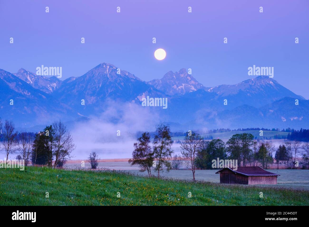 Deutschland, Bayern, Halblech, Bannwaldsee bei nebliger Morgendämmerung mit Vollmond, der im Hintergrund über dem Tannheimer Gebirge leuchtet Stockfoto