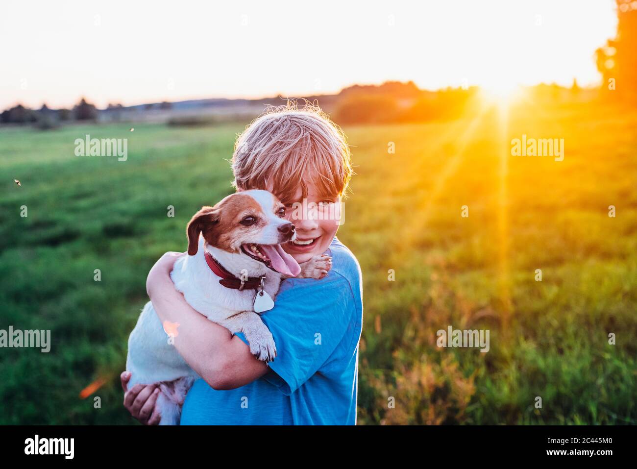 Fröhliche Junge mit Hund beim Stehen auf Feld während der sonnigen Tag, Polen Stockfoto