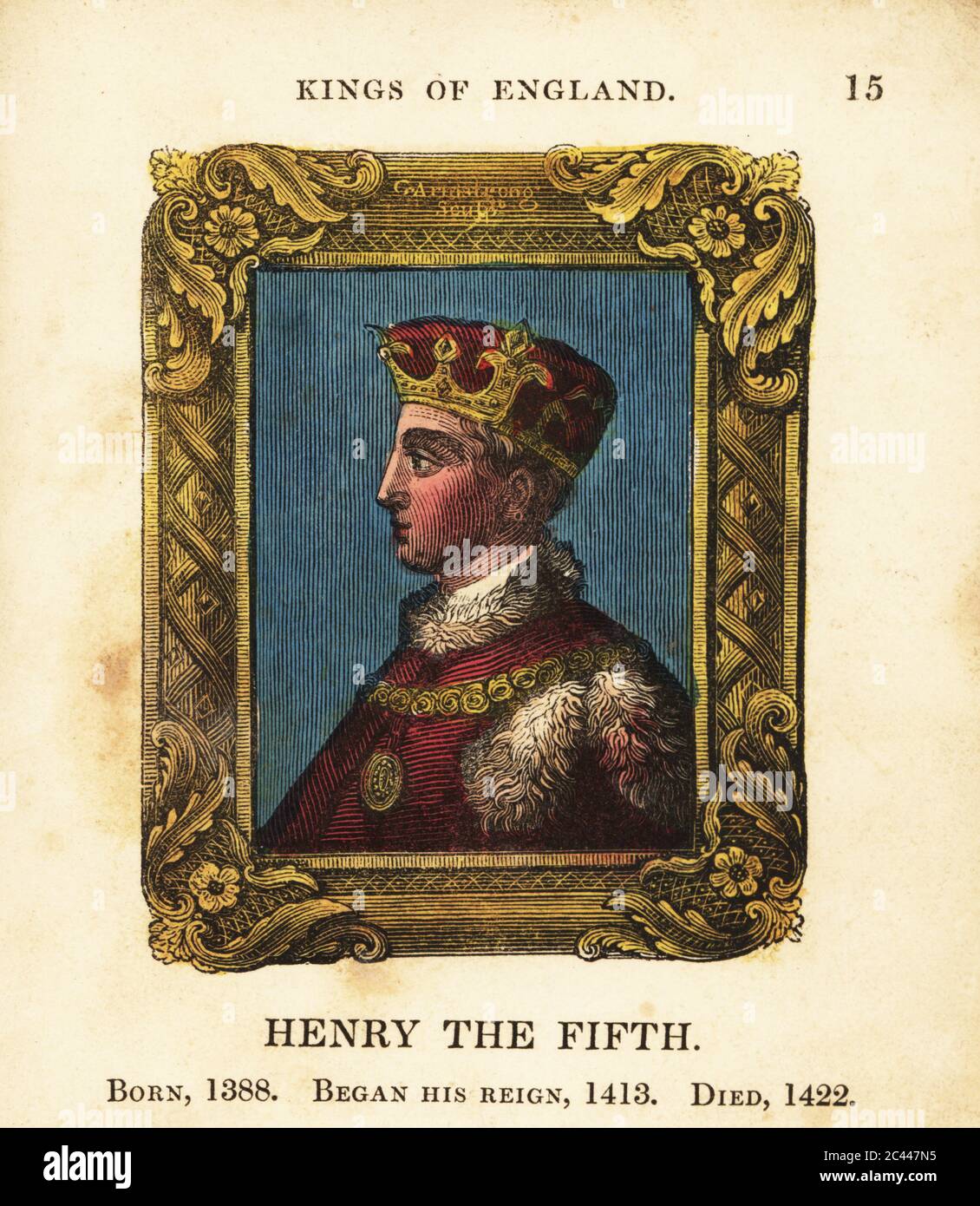 Porträt von König Heinrich dem Fünften, Heinrich V. von England, geboren 1388, begann Regierungszeit 1413 und starb 1422. In Krone, Pelzbesatz Umhang mit Goldkette, innerhalb verzierter Rahmen. Handkolorierter Kupferstich von Cosmo Armstrong aus Porträts und Figuren der Könige von England, von William dem Eroberer bis George dem Dritten, John Harris, London, 1830. Stockfoto