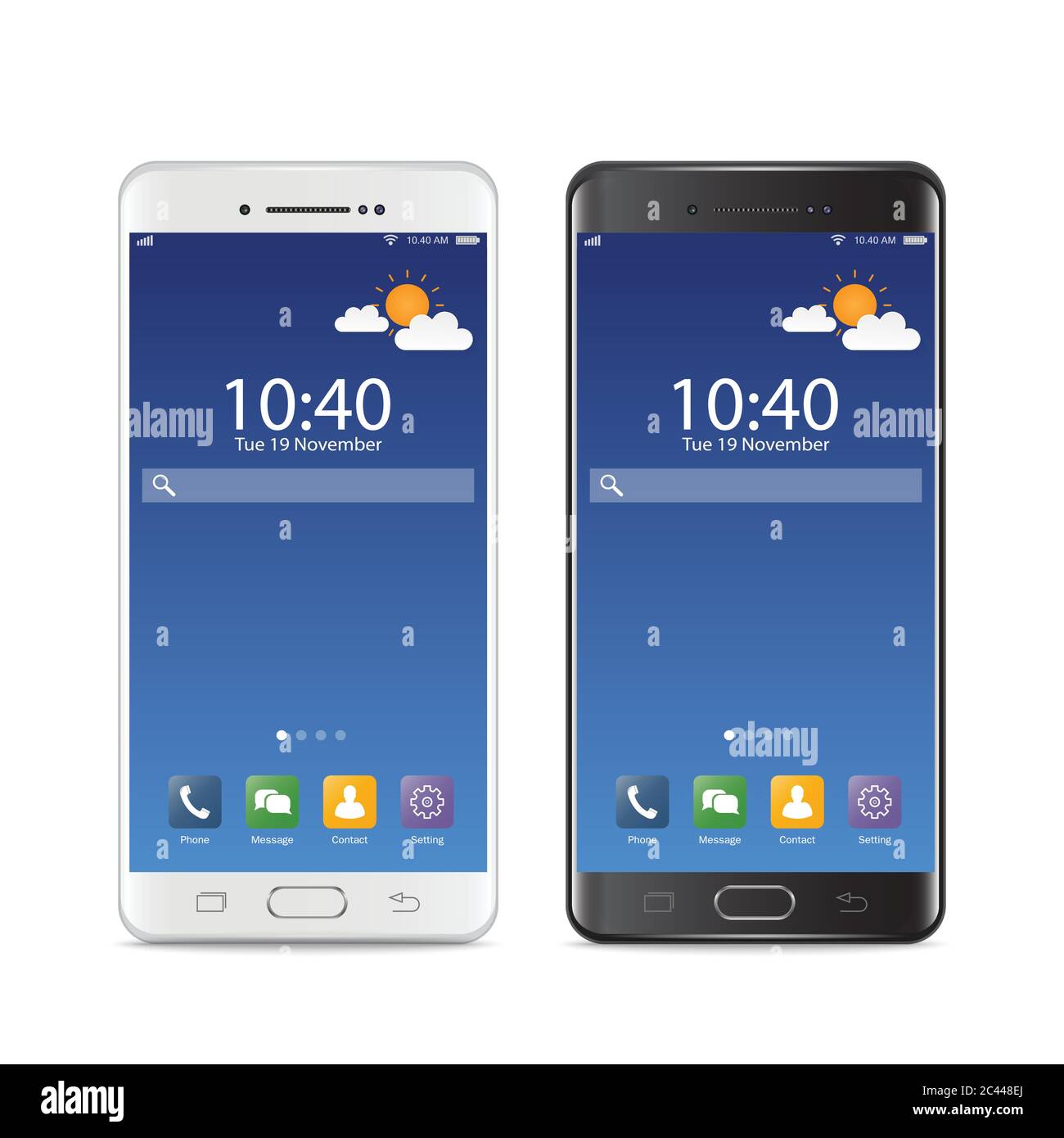 Smartphones schwarz und weiß. Neue realistische Handy modernen Stil. Vektor-Smartphone mit ui-Icons. Isoliert auf weißem Hintergrund. Stock Vektor