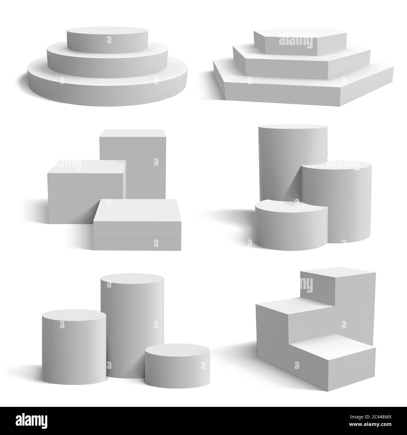 Weißes 3d-Podium. Realistische Sockel Zylinder und runde Standbühnen, geometrische 3d-Präsentation Plattform Vektor Illustration Set Stock Vektor