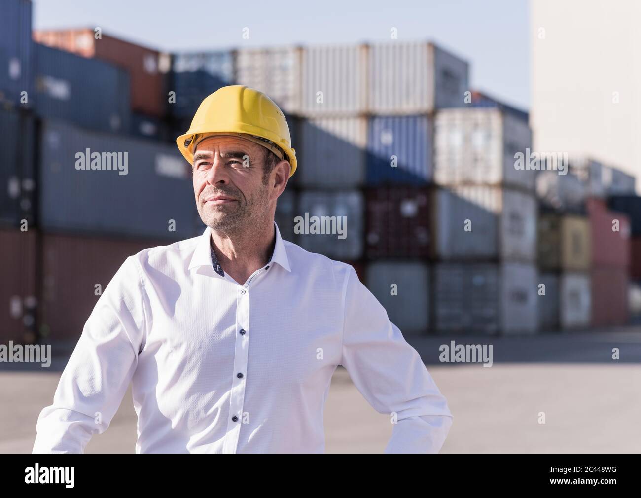 Porträt eines Geschäftsmannes mit Schutzhelm vor Frachtcontainern Stockfoto