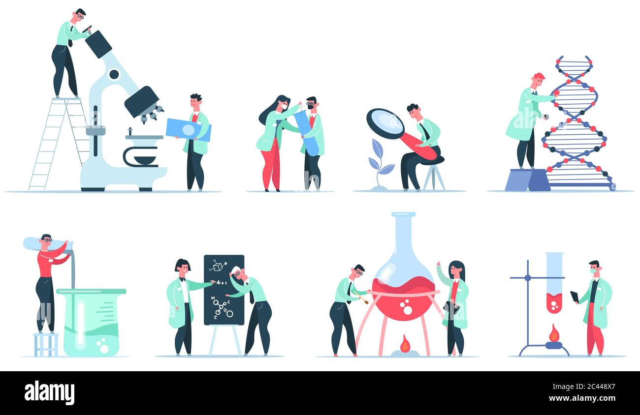Laborwissenschaftler. Wissenschaft Forschung, Klinik Mikrobiologie, Pharma, biochemische und DNA-Experimente isoliert Vektor Illustration Set Stock Vektor