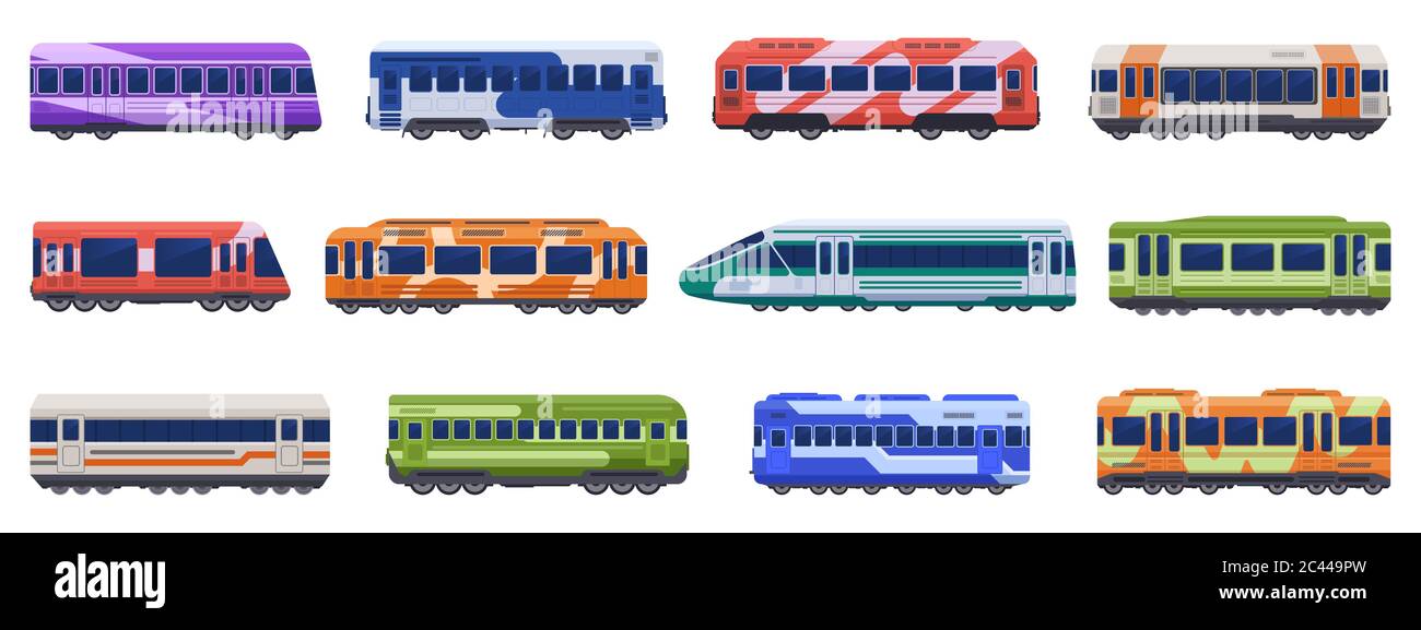 U-Bahn-Züge. Hochgeschwindigkeitszüge, U-Bahn, U-Bahn. Personentransport Fahrzeuge Vektor Illustration Symbole gesetzt Stock Vektor