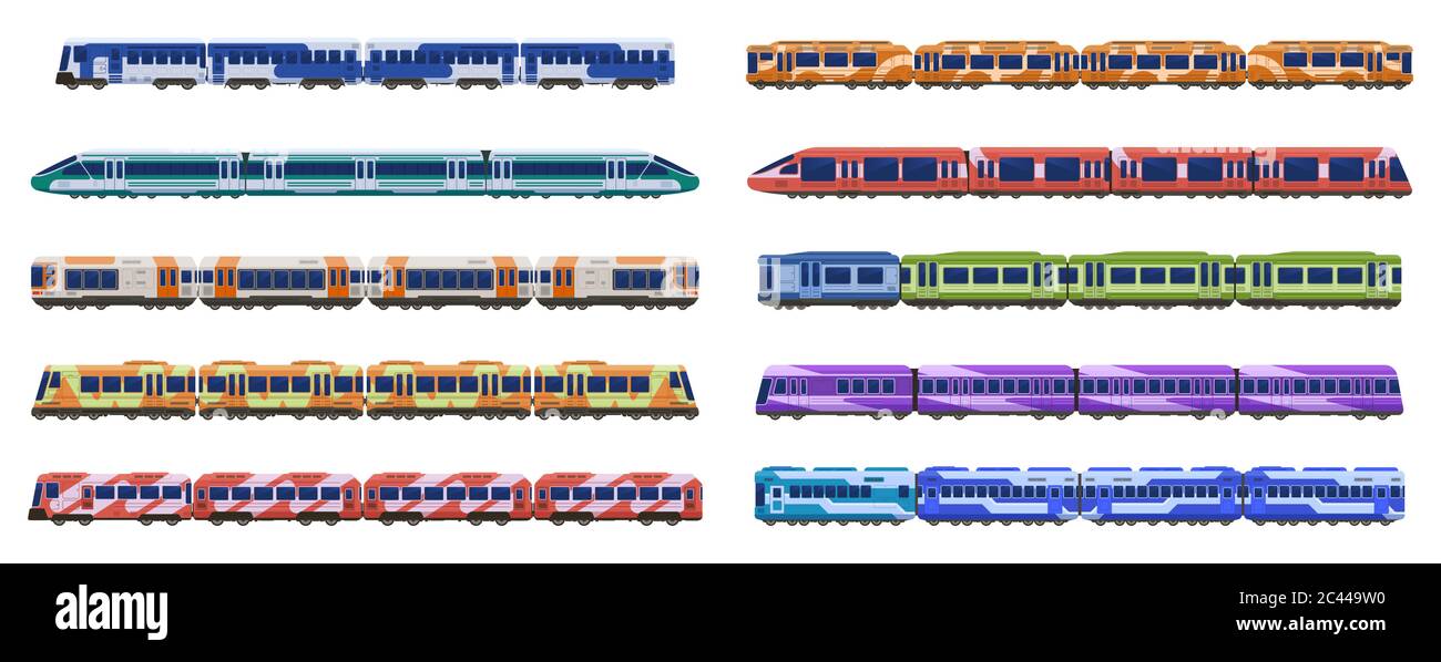 Zugwagen. Personenbahn Züge, moderne U-Bahn Hochgeschwindigkeitszüge, Stadtverkehr isoliert Vektor Illustration Symbole gesetzt Stock Vektor