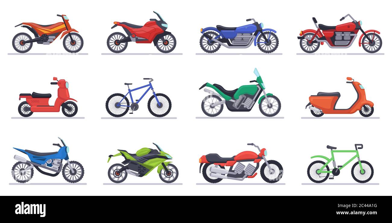 Motorräder und Motorroller. Motorrad, Speed Bikes moderne Fahrzeuge, Roller, Motocross-Fahrrad und Choppers isoliert Vektor Illustration Icons Set Stock Vektor