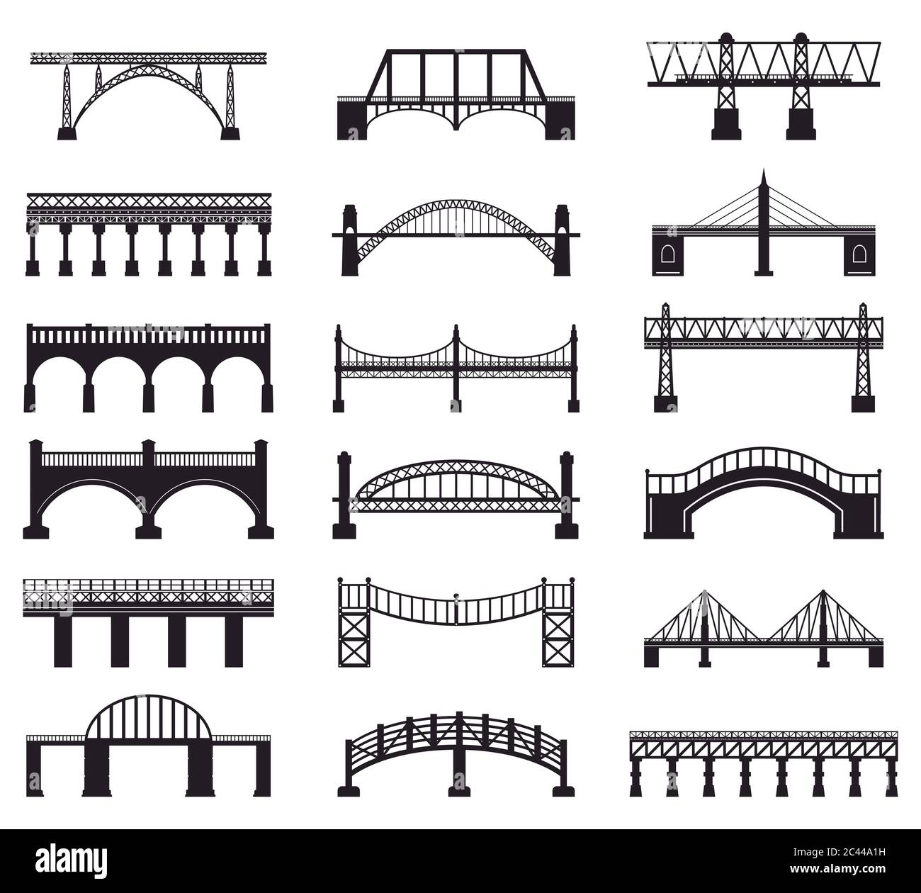 Brückenkonstruktion Silhouette. Fluss Brücke Architektur Gebäude, Brücke Transport Fahrbahn Silhouette Vektor Illustration Symbole gesetzt Stock Vektor
