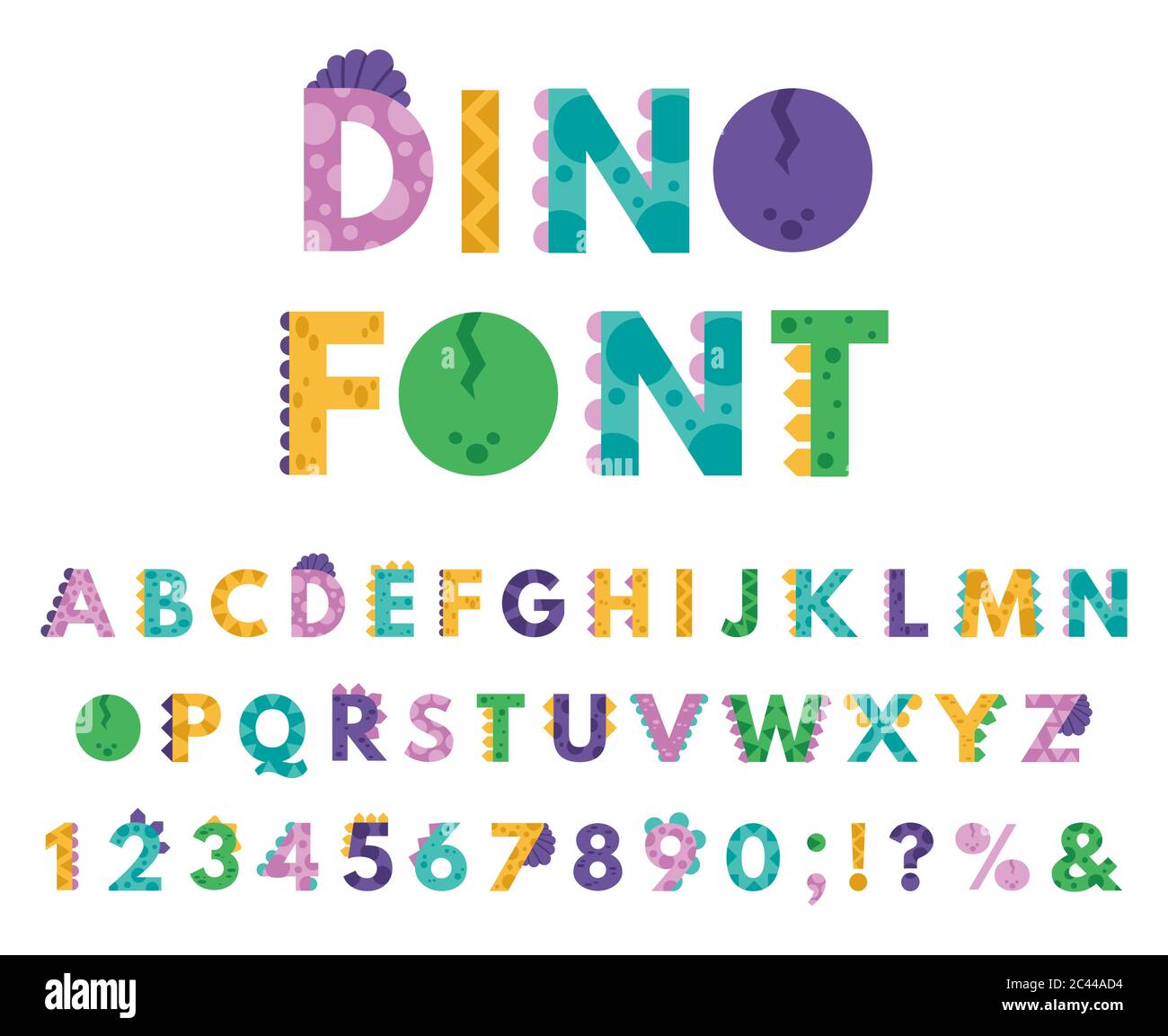 Dino handgezeichnetes Alphabet. Cartoon niedlich ABC Buchstaben Dinosaurier für Kinder, Comic Dino englisch Alphabet isoliert Vektor-Symbole Illustration Set Stock Vektor