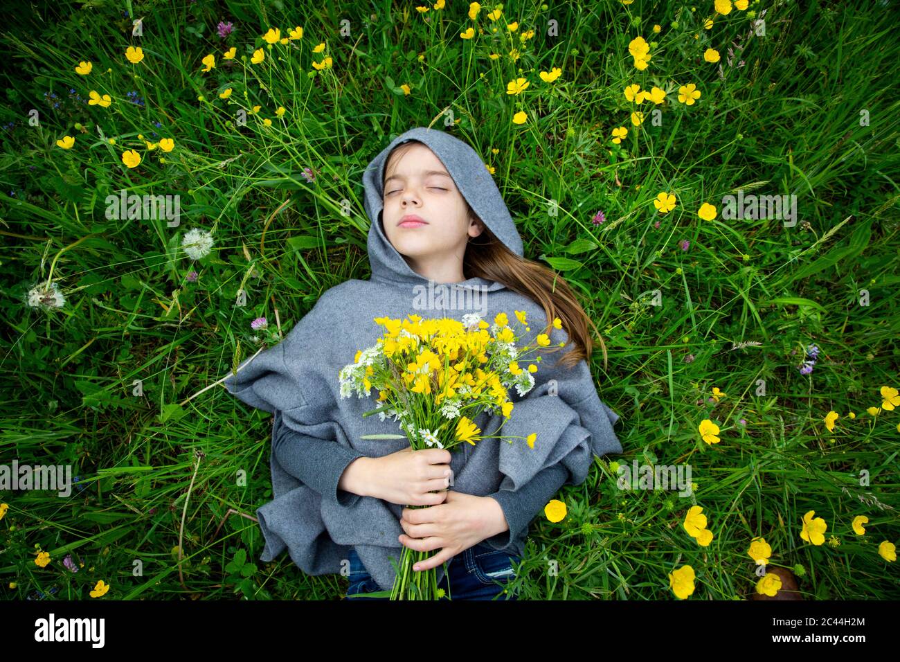 Mädchen pflücken gelbe Wildblumen Stockfoto