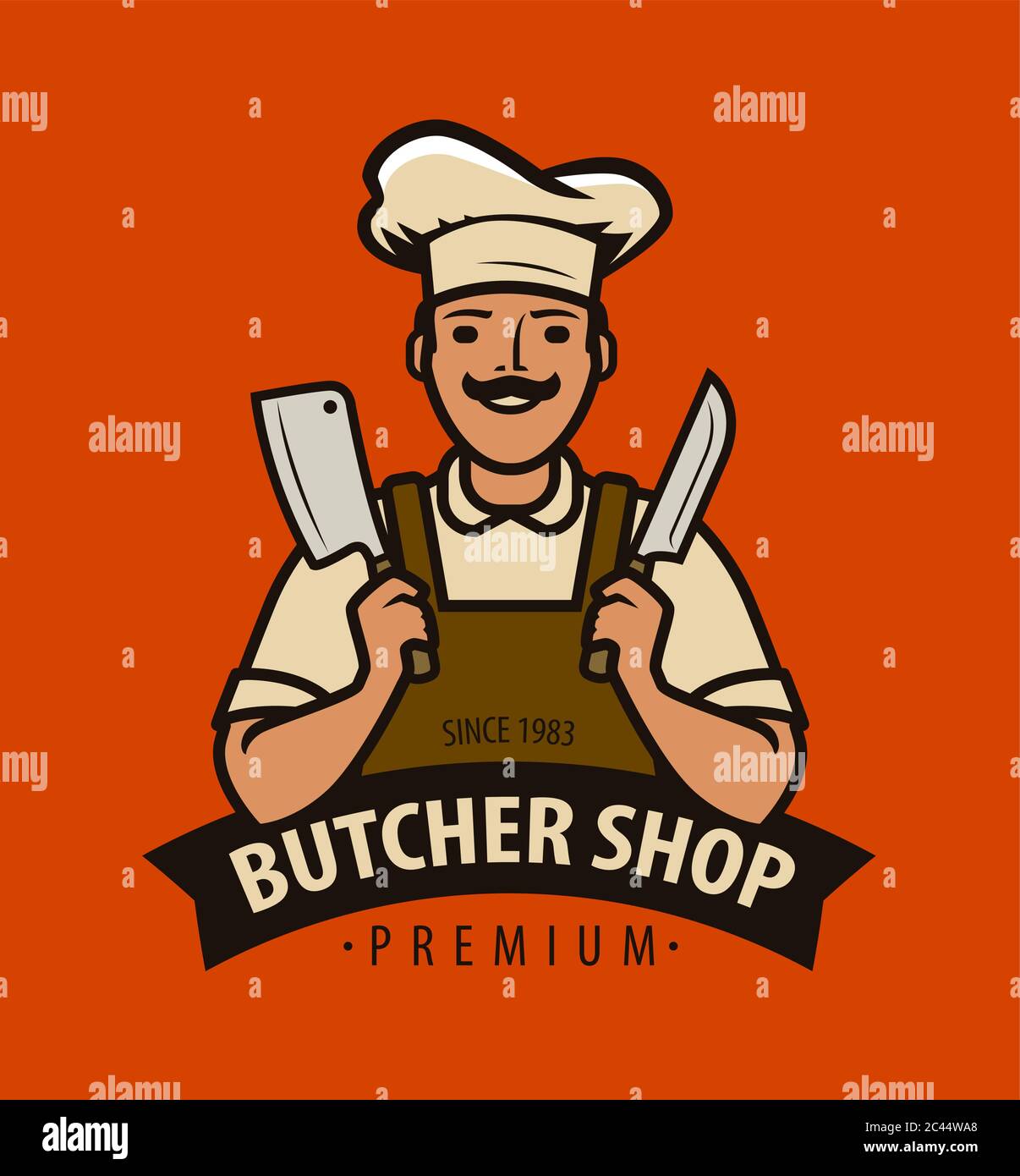 Metzgerei Logo oder Etikett. Koch mit Küchenmesser Vektor-Illustration Stock Vektor