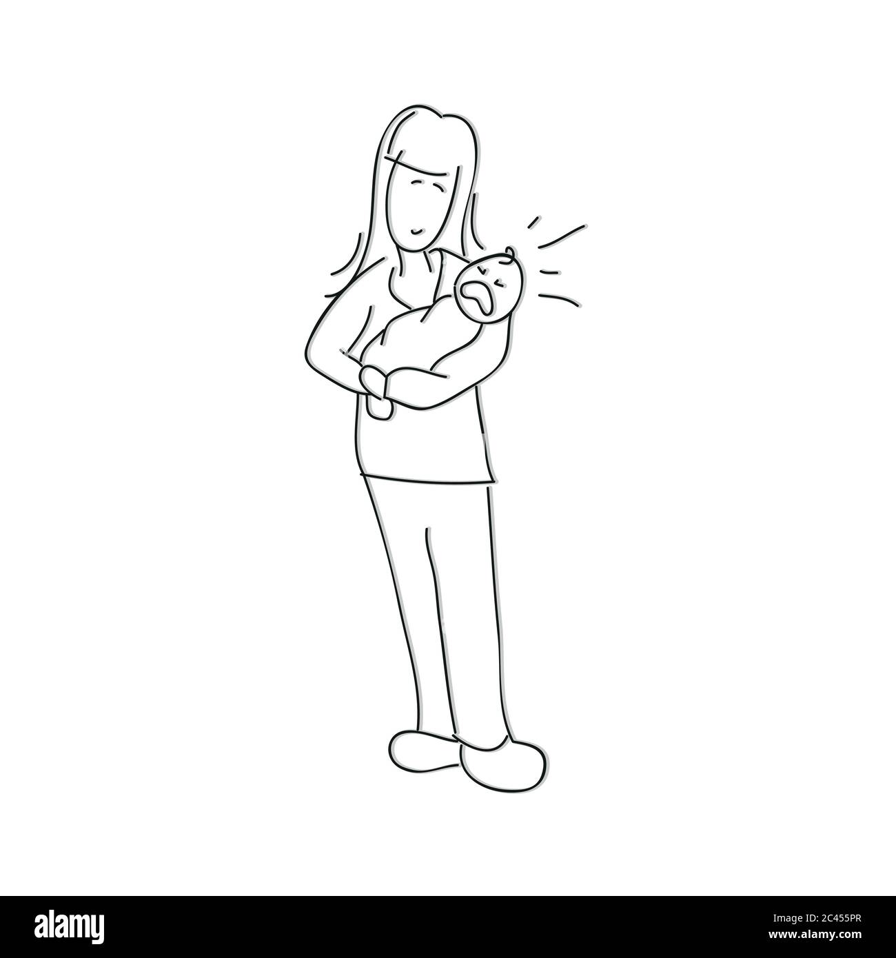Mutter hält weinendes Baby in ihren Armen Umriss Zeichnung Vektor Illustration EPS10 Stock Vektor