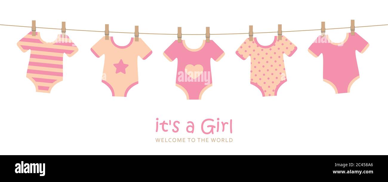 Es ist ein Mädchen niedlich Begrüßung Grußkarte für die Geburt mit hängenden Baby Bodysuits Vektor Illustration EPS10 Stock Vektor