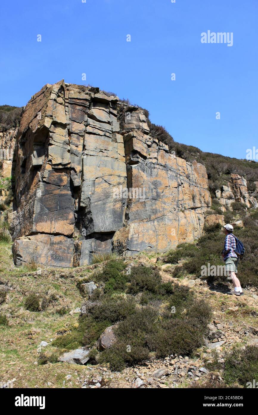 Felswand der Mühlstein Grit - ein Sandstein aus der Steinkohlenzeit entstanden, Dekan Schwarz Bach, Anglezarke, nr White Coppice, Lancashire Stockfoto