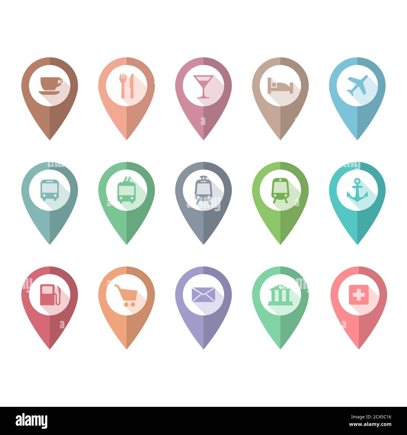 Ort Pin Pointer Vektor mit Café, Restaurant, Hotel, Bus-Symbole gesetzt. Ortsmarkierungen mit Flughafen-, Bahnhof-, Bank-, Krankenhaus-Schildern. Stock Vektor