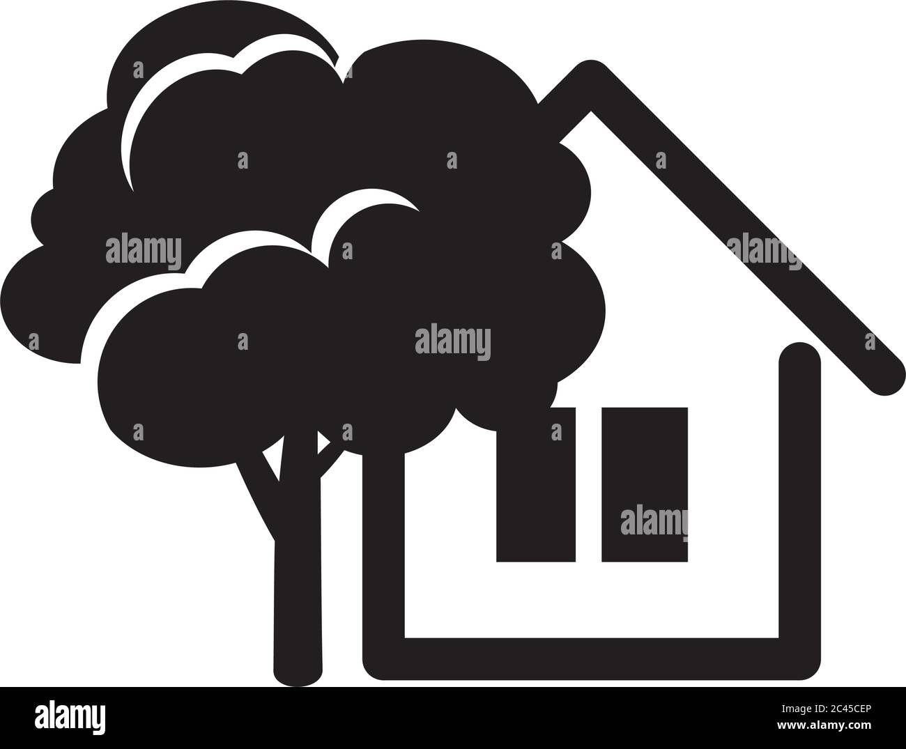 Schwarze Haus-Symbole. Symbol für die Gebäudelinie mit Baum. Vektorgrafik. Stock Vektor