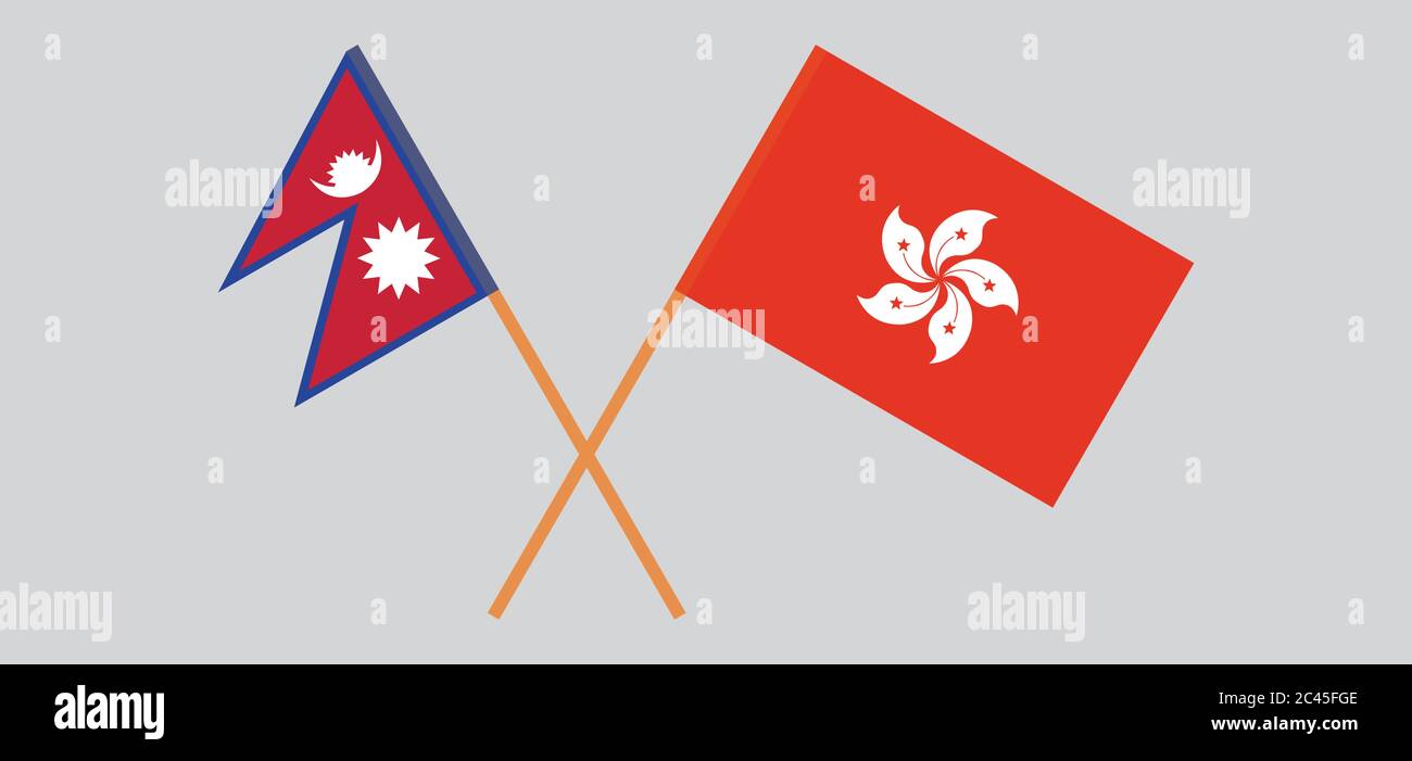 Gekreuzte Flaggen von Nepal und Hongkong. Offizielle Farben. Korrektes Verhältnis. Vektorgrafik Stock Vektor