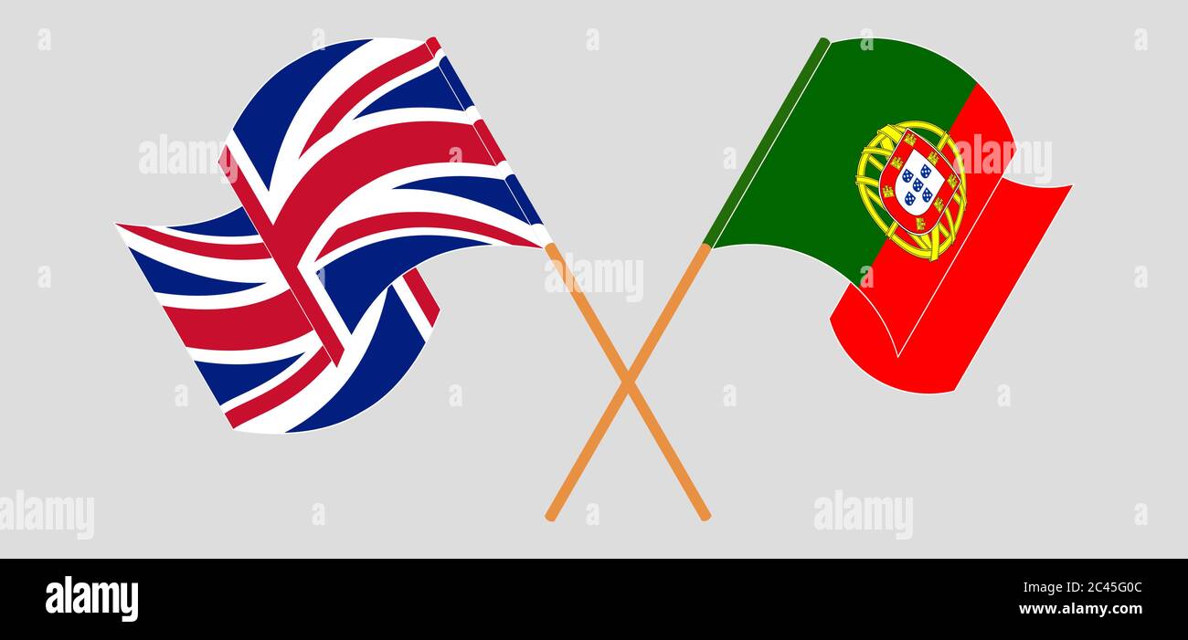 Gekreuzte und winkende Flaggen von Portugal und Großbritannien. Vektorgrafik Stock Vektor