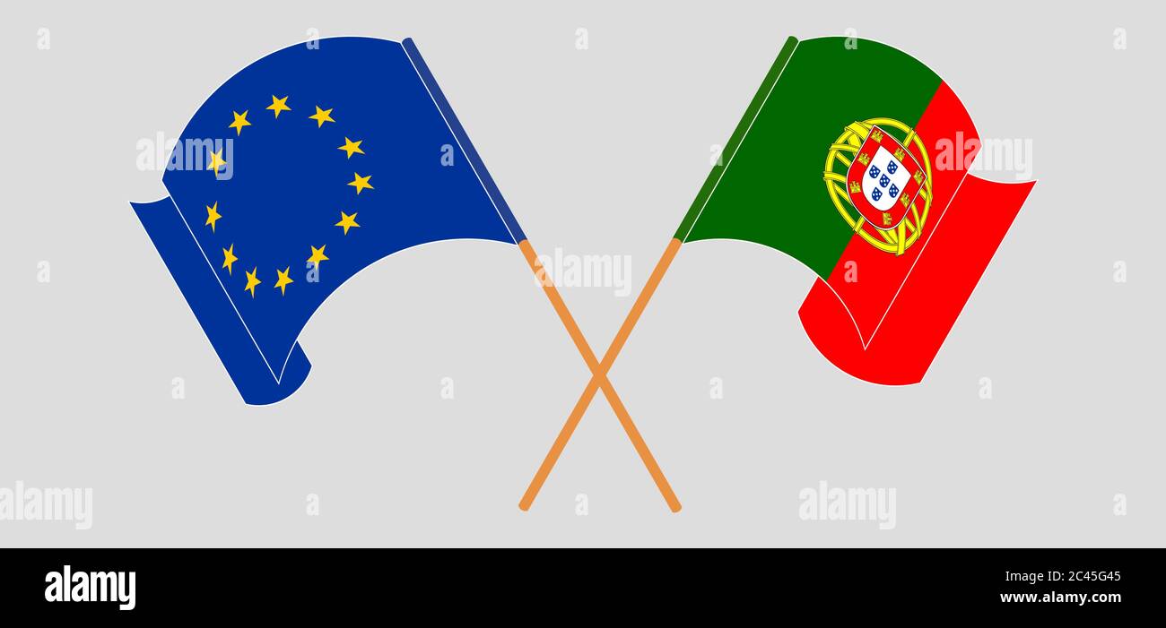 Gekreuzte und winkende Flaggen Portugals und der EU. Vektorgrafik Stock Vektor