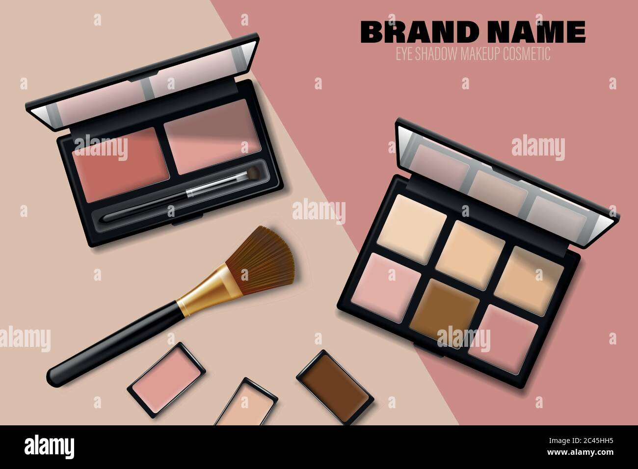 Kosmetik Lidschatten Palette Anzeigen. Produktplatzierung. Eyeshadow Produkte und Make-up Pinsel isoliert in 3d-Illustration Stock Vektor