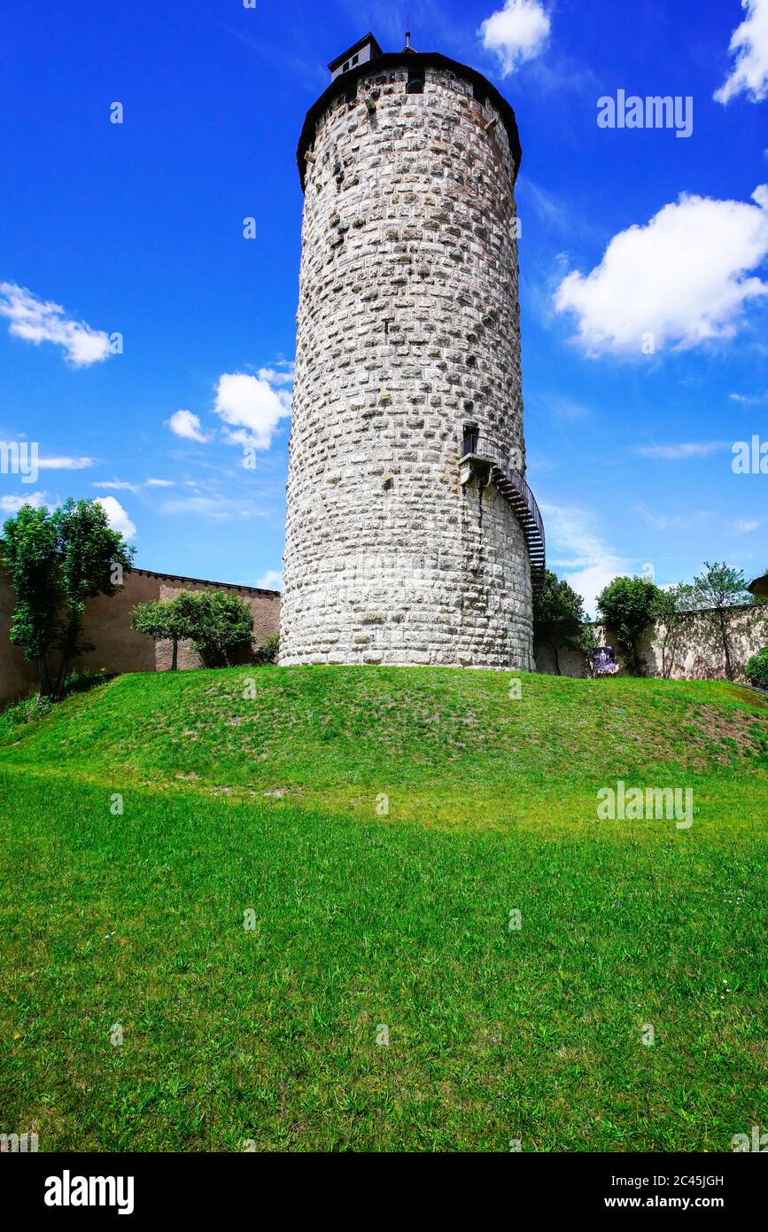 Wachturm in Château de Porrentruy, Kanton Jura, Schweiz. Stockfoto