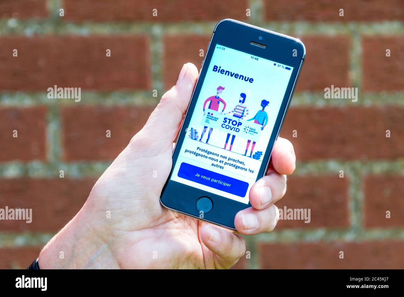 Hand hält ein iphone mit dem Bildschirm entzahlen StopCovid, die Französisch Coronavirus COVID-19 Kontakt Tracing App. Stockfoto