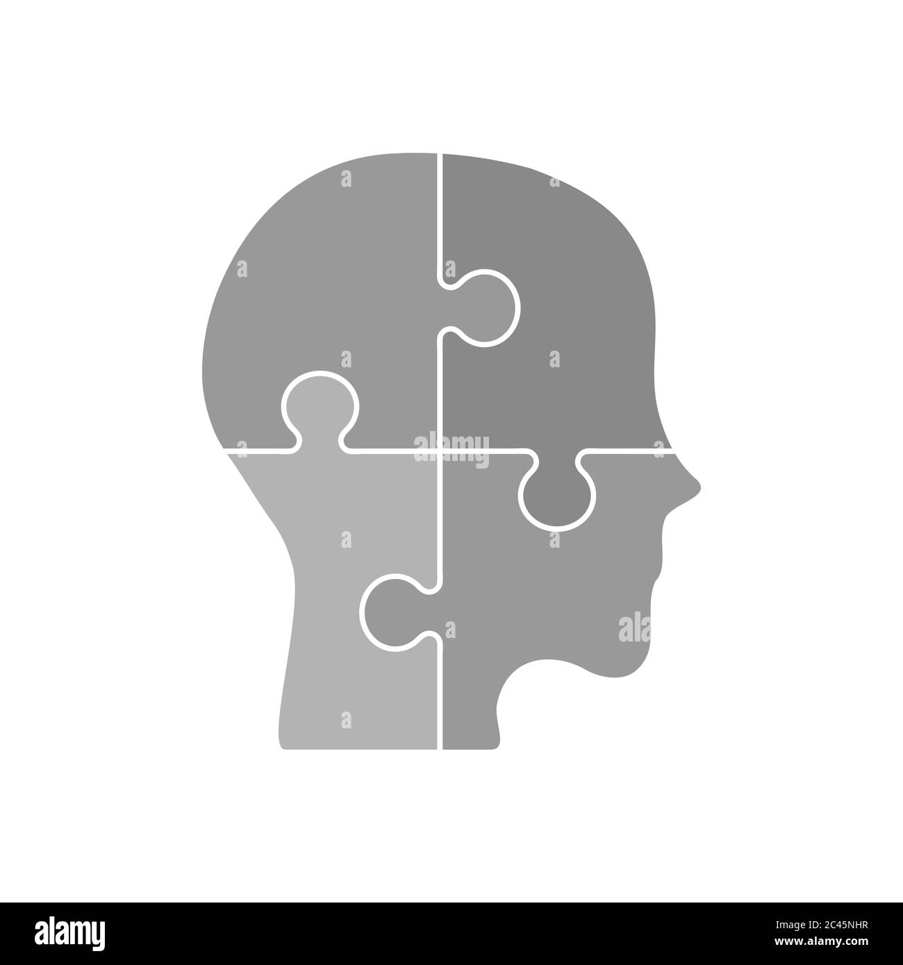 Symbol für Kopfrätsel. Vier Puzzleteile. Komplexität des menschlichen Geistes. Graue Schatten auf weißem Hintergrund. Konzept der psychischen Gesundheit. Denken, Logik, Wissen Stock Vektor