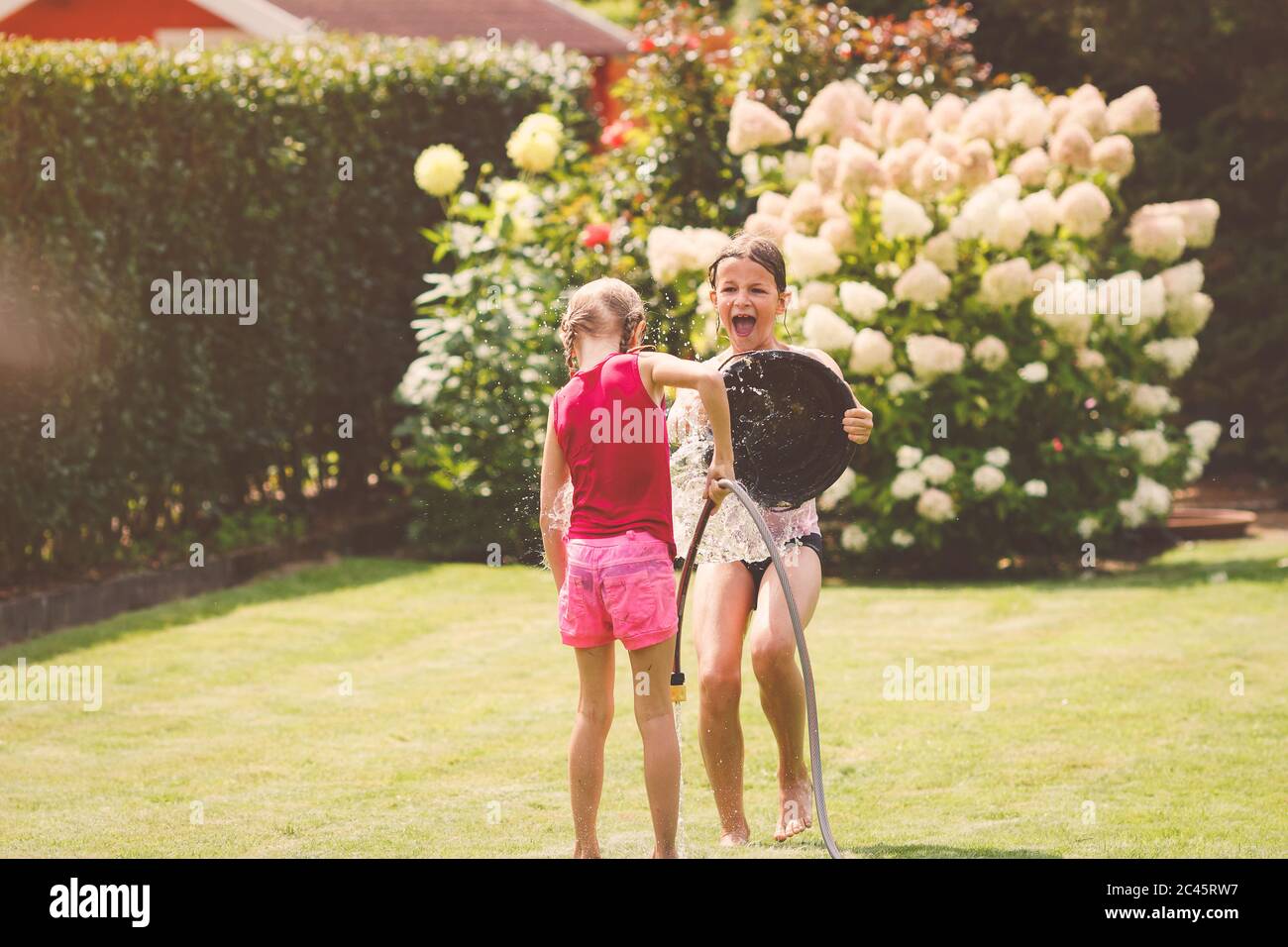 Zwei junge Mädchen spielen mit Wassereimer im Garten im Freien an einem sonnigen Sommertag Stockfoto