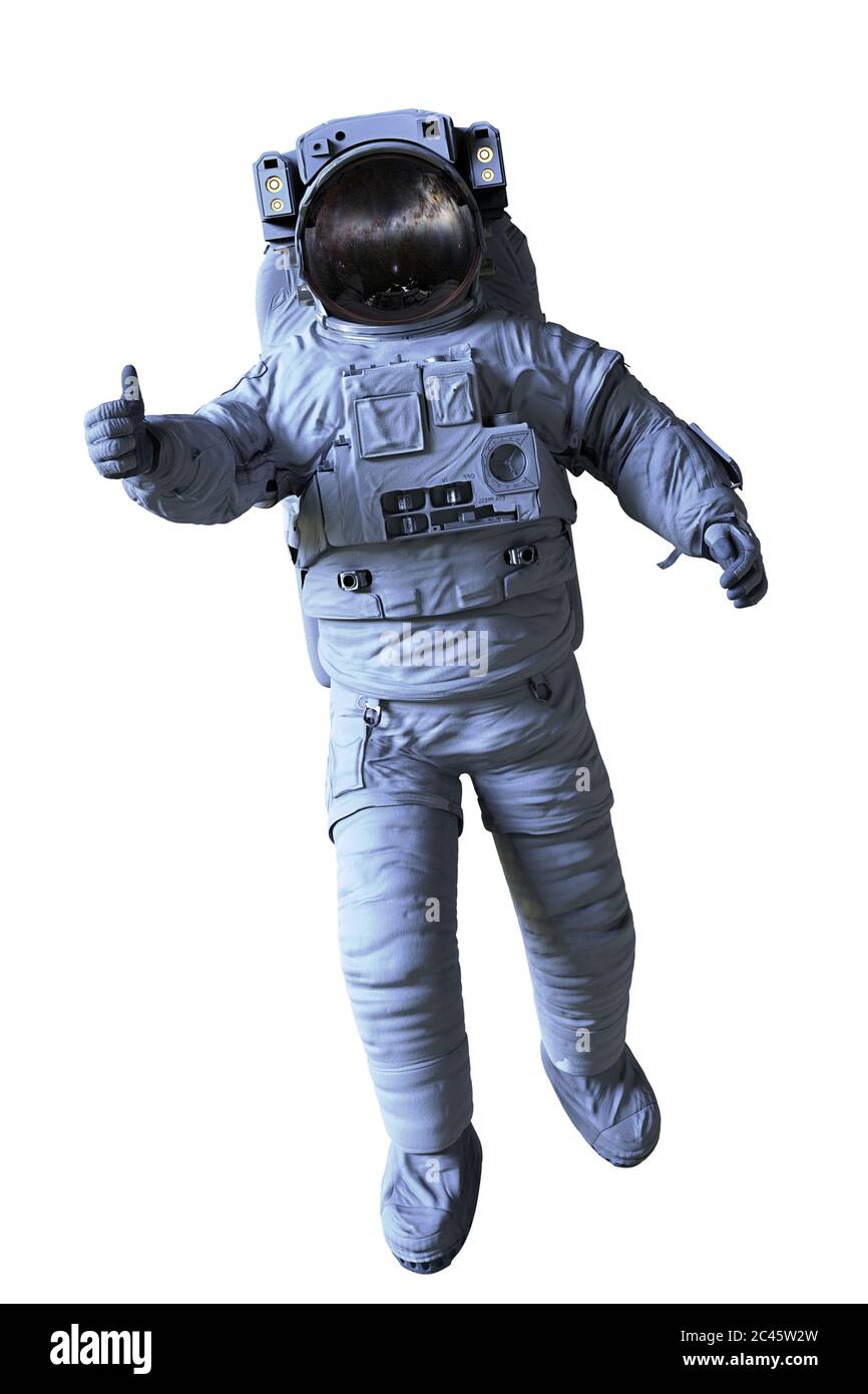 astronaut zeigt Daumen nach oben, isoliert auf weißem Hintergrund Stockfoto