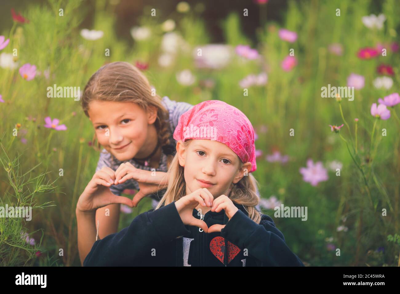 Zwei junge Mädchen mit Herzform Zeichen mit Händen in einer wilden Blumenwiese Stockfoto