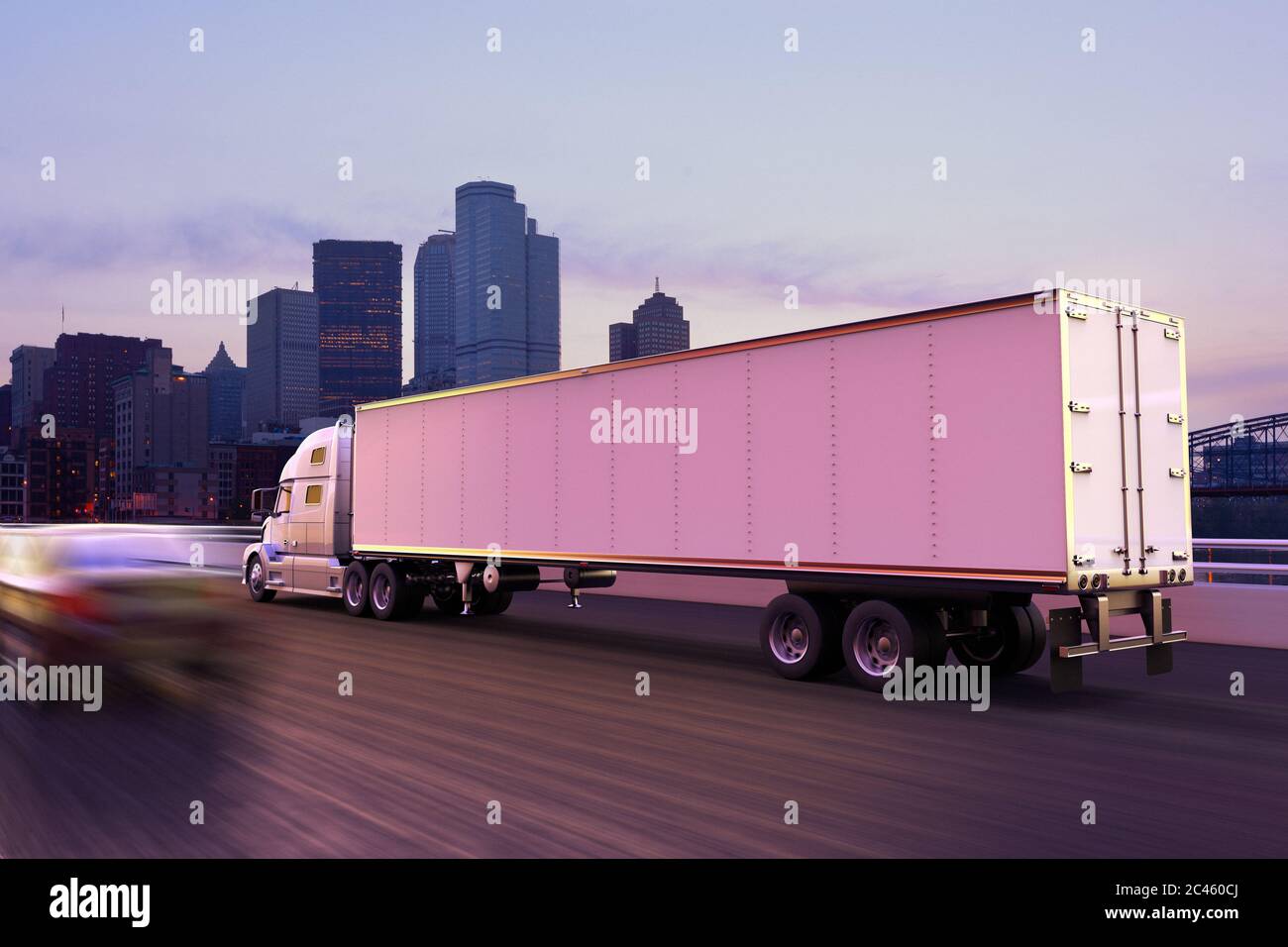 3D-Darstellung eines Lastenwagens auf der Straße bei Dämmerung vor einer Skyline der Stadt. Stockfoto