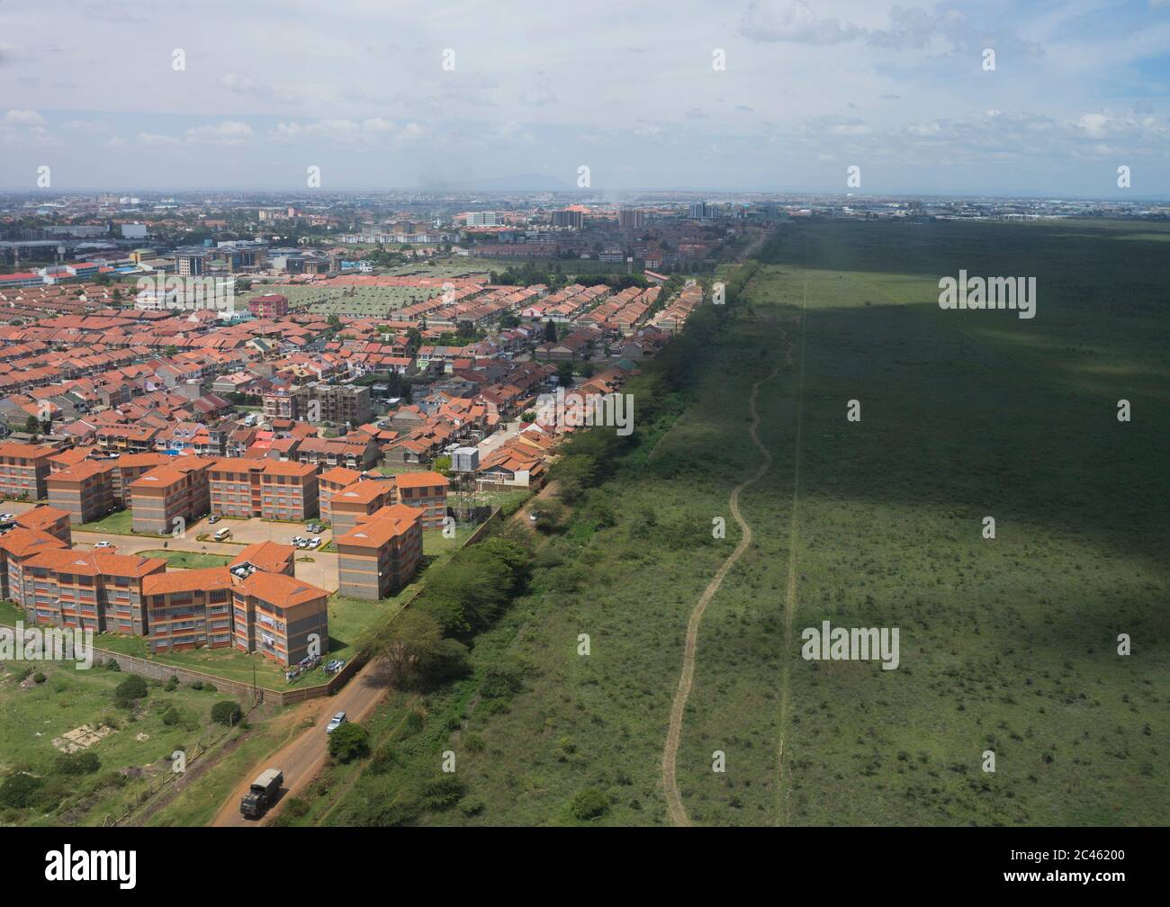Ende der Stadt und Beginn des nairobi Nationalparks, Nairobi County, Nairobi, Kenia Stockfoto