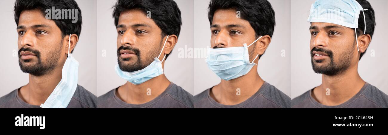 Collage von jungen Mann in unsachgemäße Art und Weise der Verwendung von medizinischen Gesichtsmasken - Bewusstsein Konzept zu Ware Maske, vor Coronavirus oder covid-19 Pandemie zu schützen Stockfoto