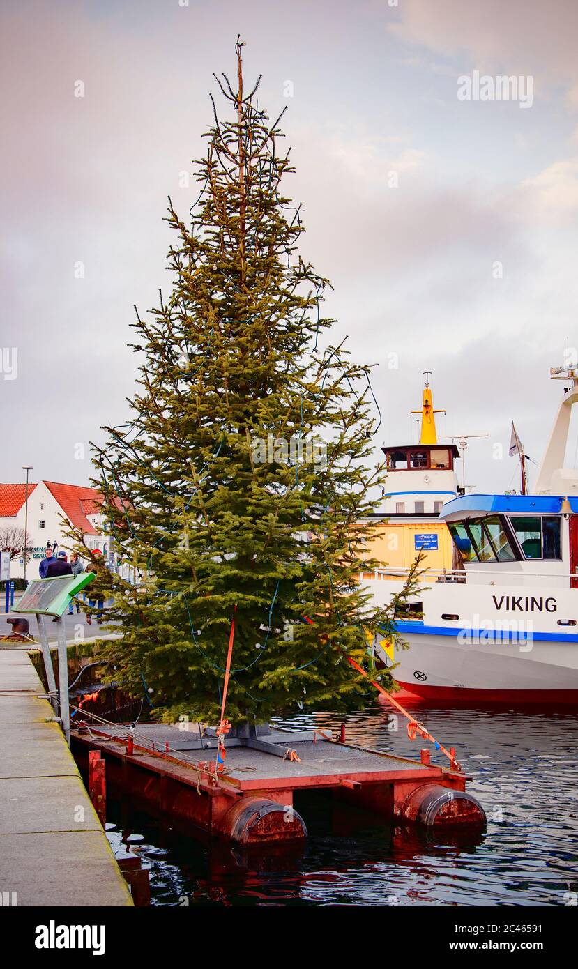 FLENSBURG, DEUTSCHLAND. JANUAR 2020. Yachts am Pier Weihnachtsbaum an der Böschung Stockfoto