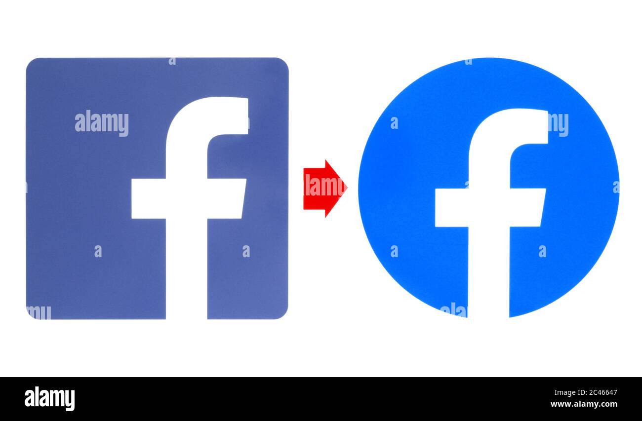 Kiew, Ukraine - 02. Mai 2019: Neue und alte Facebook-Logos auf weißem Papier gedruckt. Facebook ist ein bekannter Dienst für soziale Netzwerke Stockfoto