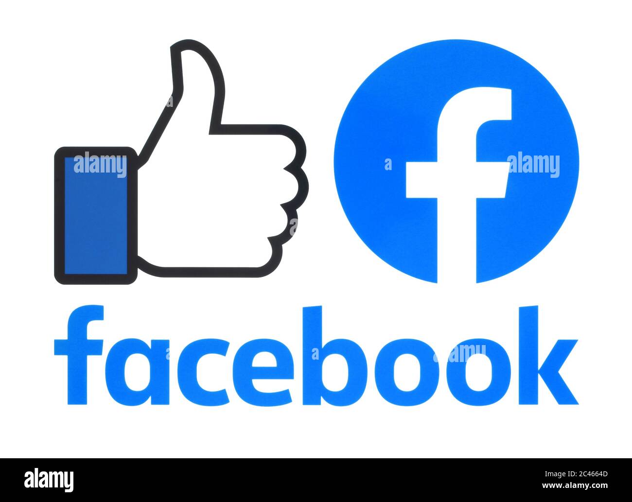Kiew, Ukraine - 02. Mai 2019: Sammlung eines neuen Facebook-Logos auf weißem Papier gedruckt. Facebook ist ein bekannter Dienst für soziale Netzwerke Stockfoto