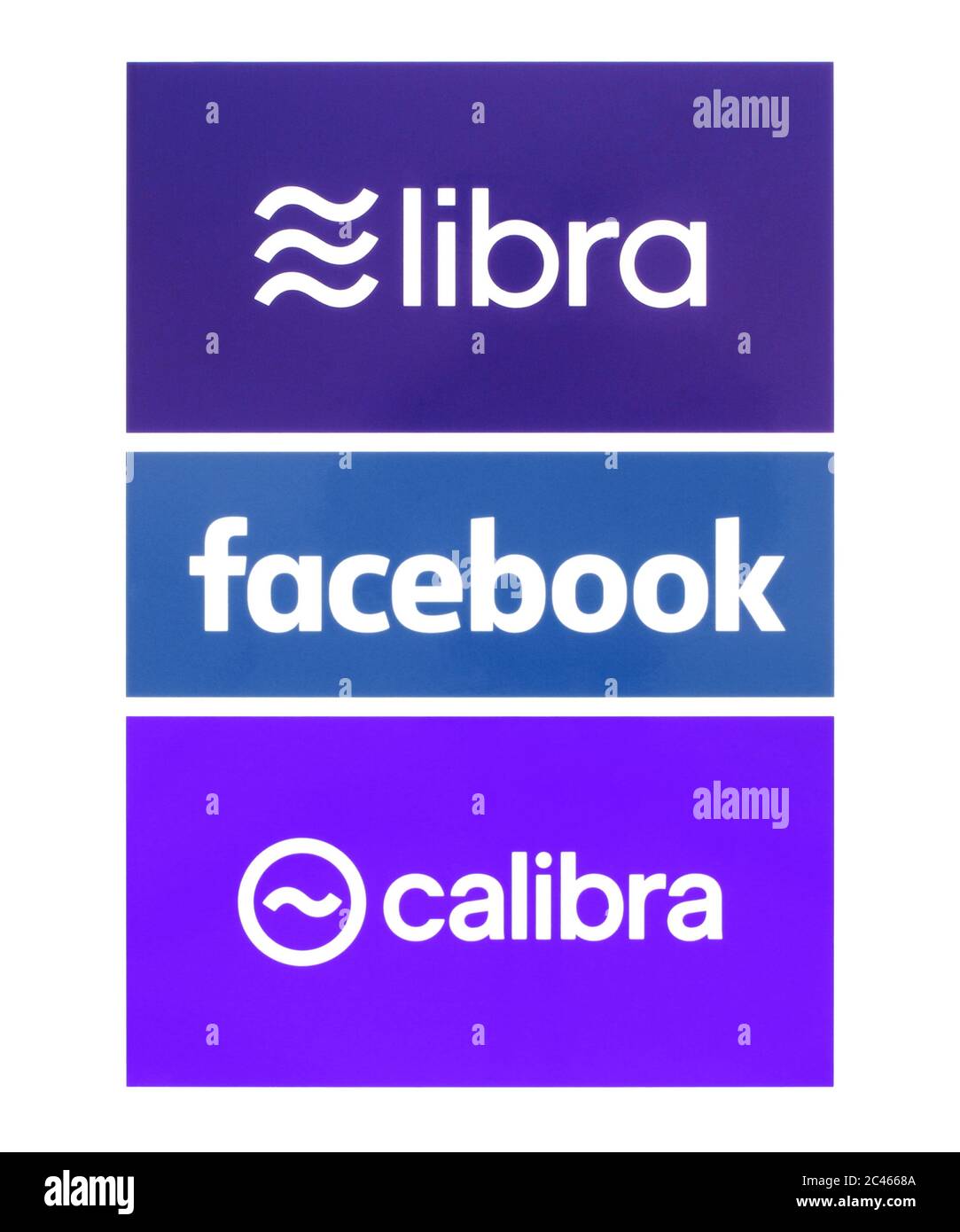 Kiew, Ukraine - 19. Juni 2019: Facebook, Calibra und Waage Logos auf Papier gedruckt. Libra ist eine von der vorgeschlagene genehmigte virtuelle Blockchain-Währung Stockfoto