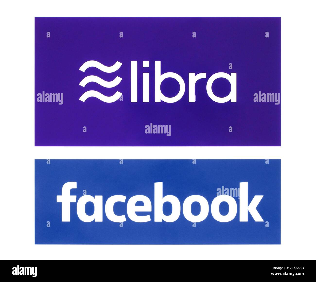 Kiew, Ukraine - 19. Juni 2019: Facebook und Waage-Logos auf Papier gedruckt. Libra ist eine von den Amerikanern vorgeschlagene genehmigte virtuelle Blockchain-Währung Stockfoto