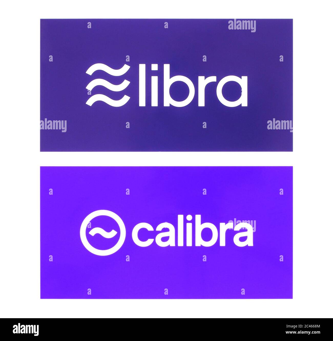 Kiew, Ukraine - 19. Juni 2019: Calibra und Waage-Logos auf Papier gedruckt. Facebook startet Libra, seine eigene Kryptowährung. Calibra ist ein neuer digitaler Wal Stockfoto