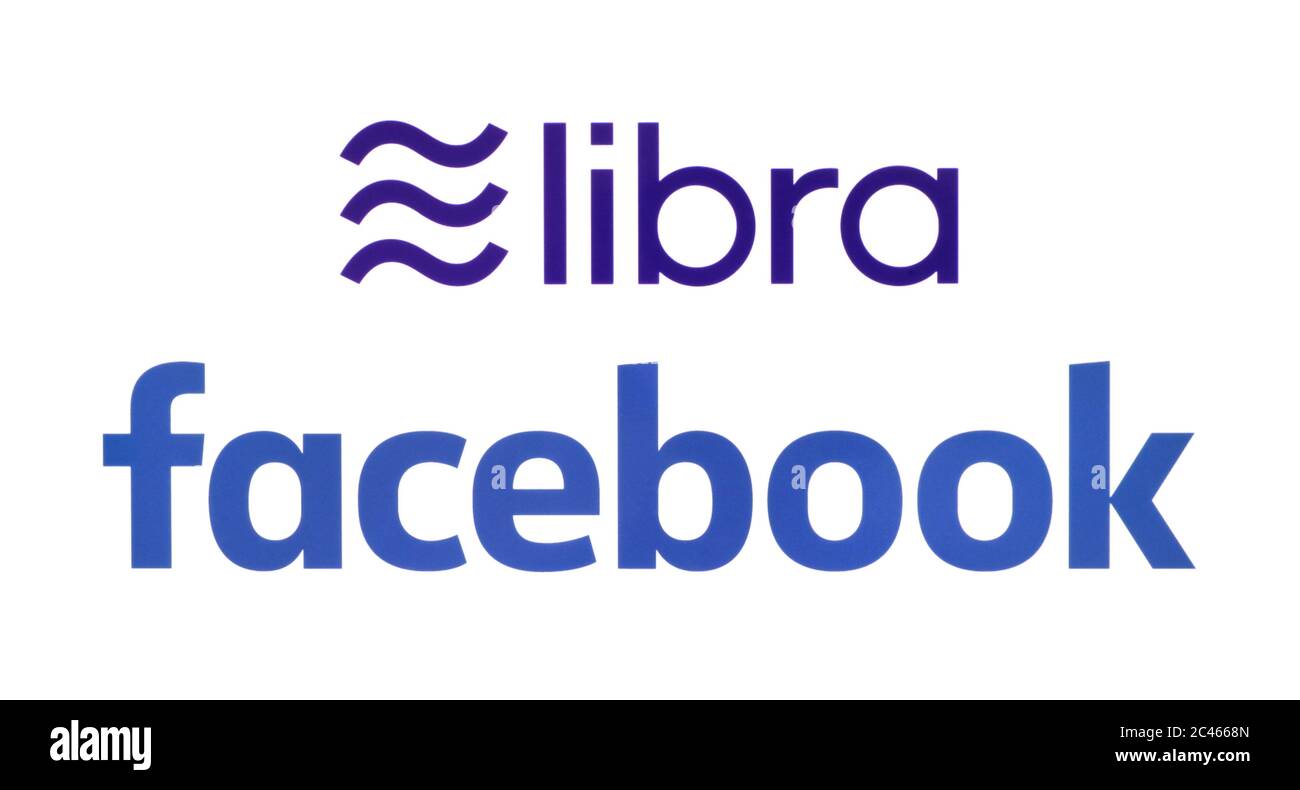 Kiew, Ukraine - 19. Juni 2019: Facebook und Waage-Logos auf Papier gedruckt. Libra ist eine von den Amerikanern vorgeschlagene genehmigte virtuelle Blockchain-Währung Stockfoto