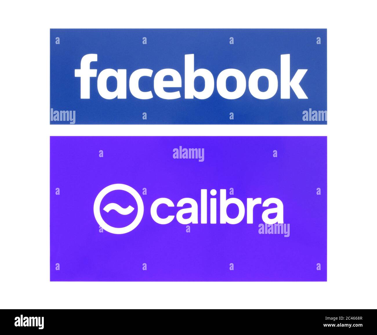 Kiew, Ukraine - 19. Juni 2019: Facebook und Calibra-Logos auf Papier gedruckt. Facebook startet Libra, seine eigene Kryptowährung. Calibra ist eine neue digitale Stockfoto