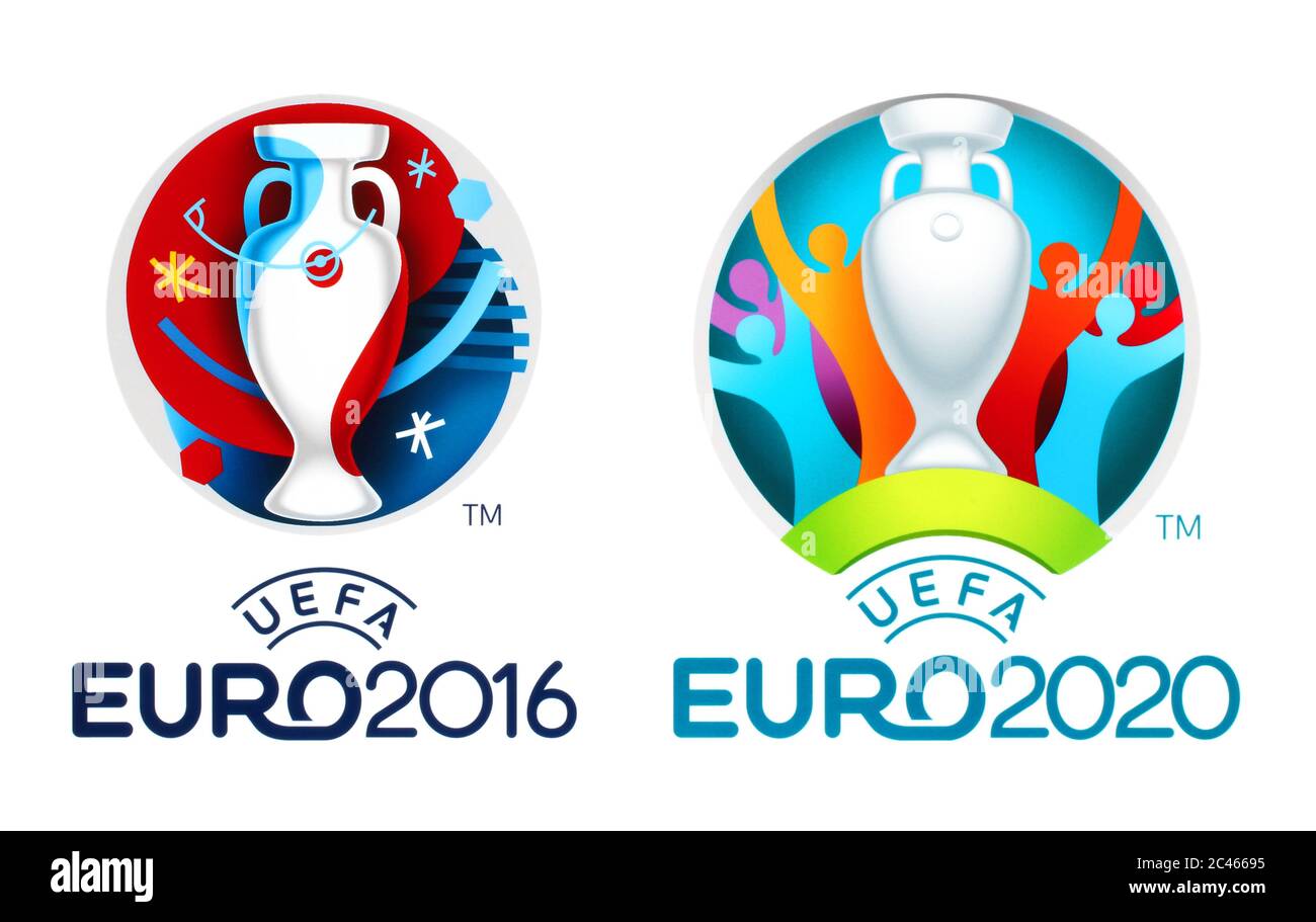 Kiew, Ukraine - 04. Oktober 2019: Offizielle Logos der UEFA-Europameisterschaften 2016 und 2020, gedruckt auf weißem Papier Stockfoto