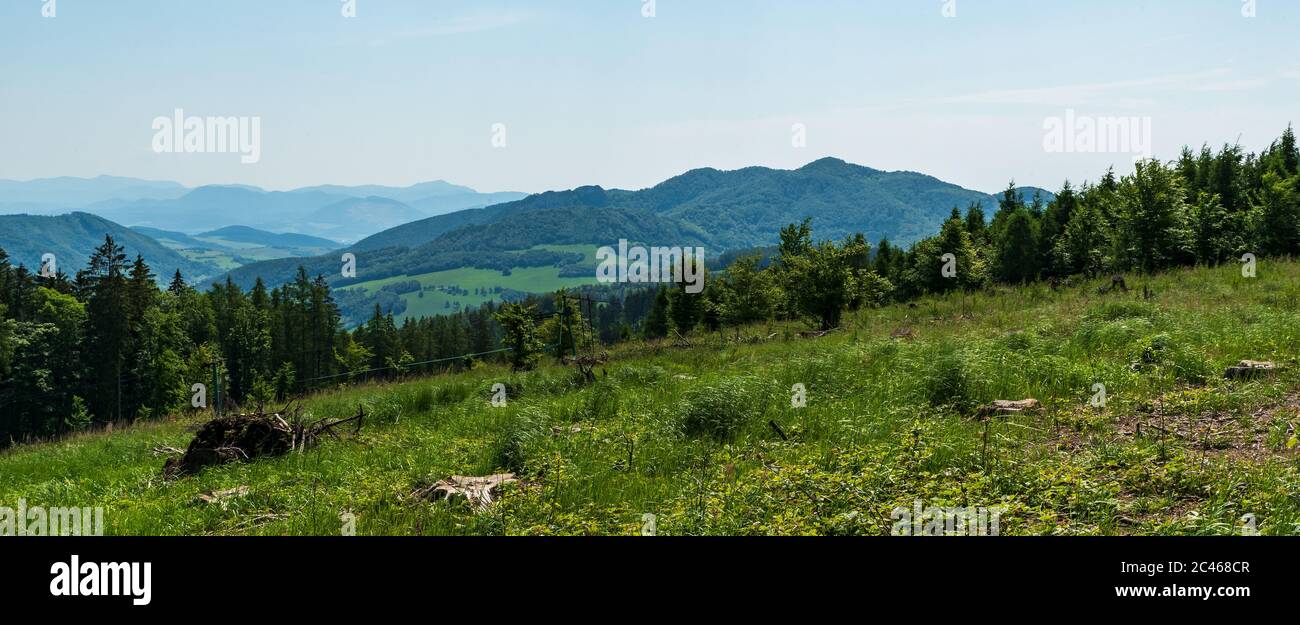 Blick vom Kanur-Hügel in Biele Karpaty Berge auf der böhmisch-slowakischen Grenze während schönen Frühlingstag Stockfoto