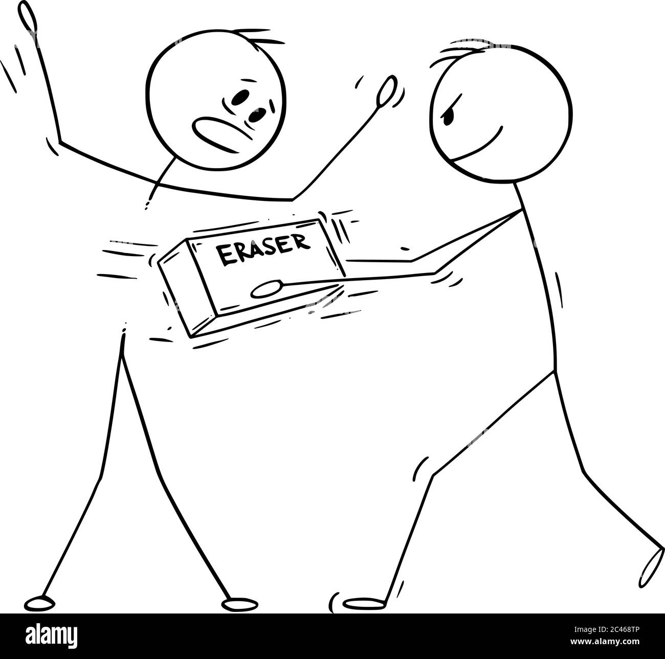 Vektor Cartoon Stick Figur Zeichnung konzeptionelle Illustration der gezeichnet Mann Radieren einen anderen Mann mit Radierer. Stock Vektor